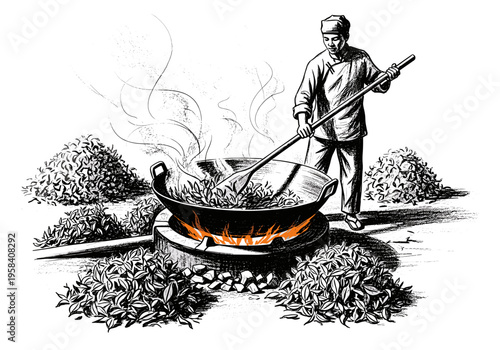 Traditional tea processing with a man stirring leaves in a large wok over fire