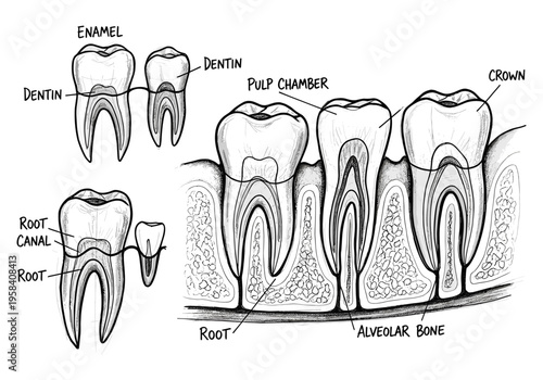 Detailed anatomical illustration of human teeth and their internal structures