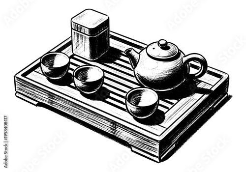 Traditional Asian tea set with teapot, cups, and tea caddy on a bamboo tray