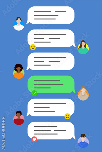 アプリ上でのコミュニケーションをとる人たちと吹き出しのデザイン