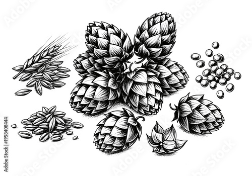 Vintage illustration of hops and barley grains for brewing beer