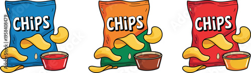 Cartoon potato chip bags with dipping sauce, salty snack food vector illustration for party menu