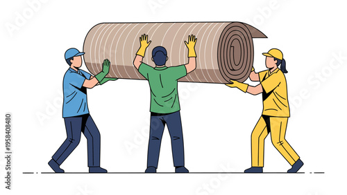 Team Lifting: A team of skilled individuals collaboratively lift a rolled rug, showcasing the essence of teamwork and shared effort. 