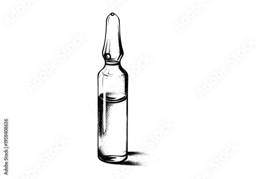 Hand drawn illustration of a single glass ampoule filled with clear liquid