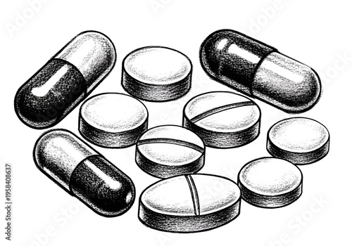 Hand-drawn illustration of various pills and capsules scattered on a white background