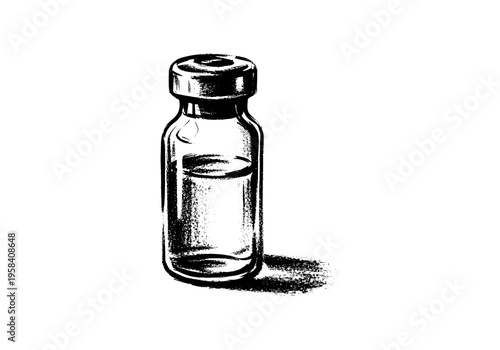 Single glass vial with liquid and metal cap, hand-drawn sketch style