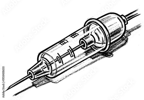 Hand drawn sketch of a medical syringe with a sharp needle and measurement markings