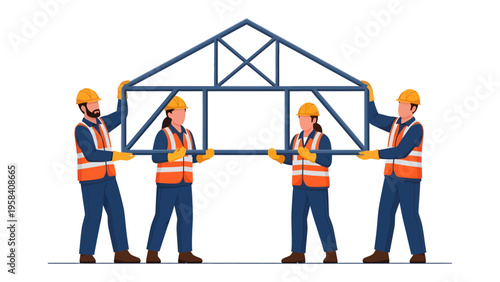 Teamwork Constructing Structure: Four construction workers collaborate to erect a steel framework, symbolizing unity, construction, and building.