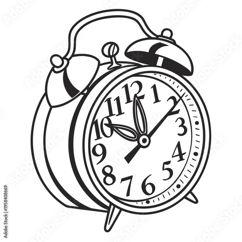 Classic alarm clock with bell and hands indicating time for waking up schedule reminders and time management on white background vintage style