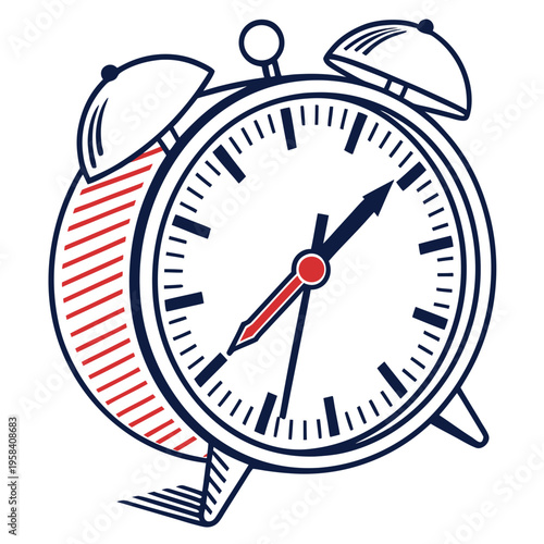 Classic alarm clock vector graphic with dual bells and striped detail showing movement for deadline pressure and morning routine wake up notification