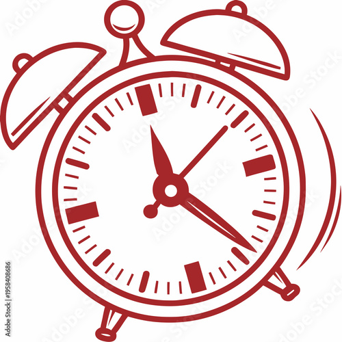 Stylized red alarm clock icon with bells and vibrating effect for alert notification and time management concepts in professional business marketing