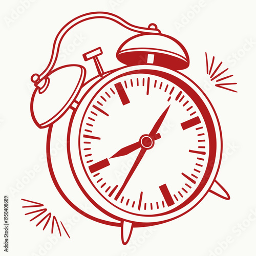 Ringing vintage alarm clock sketch in red ink style with motion lines representing loud morning wake up call and urgent daily schedule management task