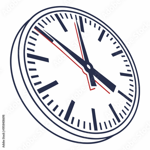 Clock with blue hands and red second hand showing five minutes to twelve isolated on white background depicting time management