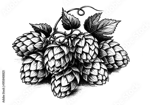Detailed black and white illustration of fresh hop cones on a vine