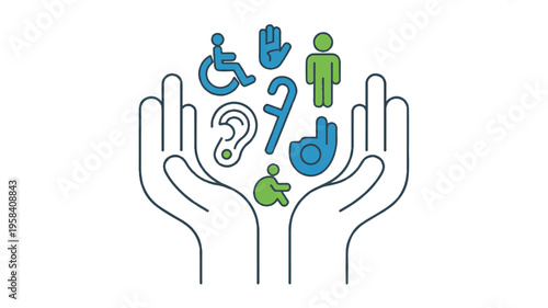 Hands holding accessibility symbols and icons for inclusion and diversity