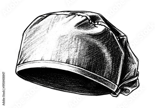 Hand-drawn sketch of a surgical cap with fabric folds and shading