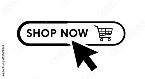 Black shop now button with cursor on white background isolated on white background