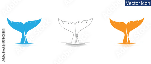 Three stylized whale tail icons in different colors, suitable for ocean, marine, or aquatic themed projects and designs