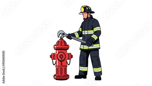 Firefighter with Hydrant: A dedicated firefighter diligently uses a wrench on a vibrant red hydrant, embodying preparedness and duty.