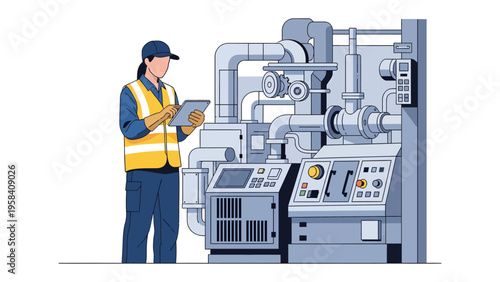 Industrial Inspection: A skilled technician diligently inspects complex machinery, documenting meticulous observations within a vibrant industrial setting. 