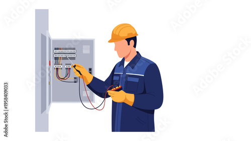 Electrician at Work: A skilled electrician diligently checks electrical circuits within a control panel, ensuring safe and efficient power distribution. 