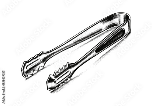 Detailed illustration of stainless steel kitchen tongs with serrated gripping ends