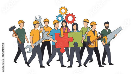 Collaboration Harmony: A unified team of construction workers diligently unite, demonstrating the power of teamwork, cooperation, and skill.