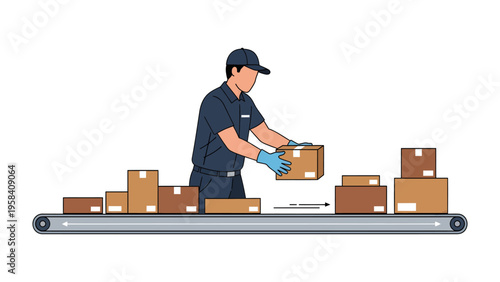 Efficient Packaging Process: A diligent worker meticulously manages parcels on a conveyer belt, ensuring swift and organized product distribution within the logistics operation.