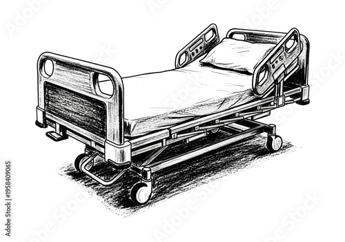 Detailed sketch of a hospital bed with wheels and adjustable features