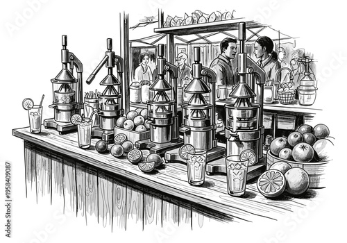 Freshly squeezed citrus juice stand with multiple juicers and oranges