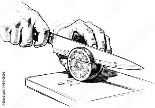 Close-up illustration of hands slicing a juicy lemon on a wooden cutting board
