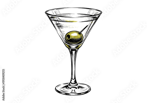 Classic martini cocktail with a single olive in a stemmed glass