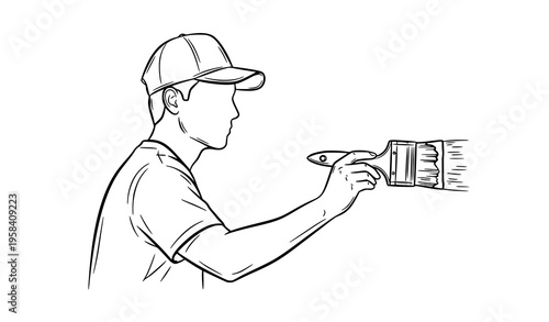 Painter applying paint brush sketch line art vector illustration