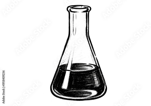 Hand drawn illustration of a laboratory flask filled with dark liquid