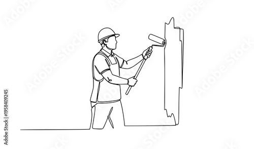 Continuous one line drawing house painter with roller vector illustration