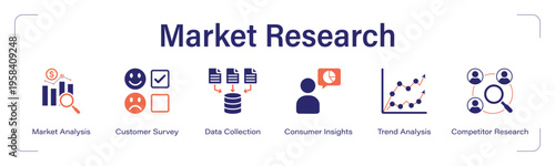 Market Research web banner icon set. vector illustration concept with icon of Market Analysis, Customer Survey, Data Collection, Consumer Insights, Trend Analysis, Competitor Research.