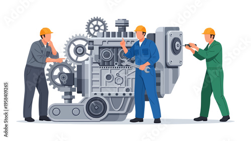 Engine Overhaul: A skilled team of engineers collaboratively working on a complex engine, showcasing precision and expertise in the realm of industry.