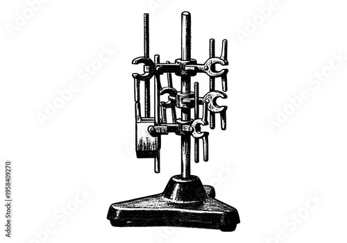 Vintage laboratory stand with multiple clamps and rods for experiments