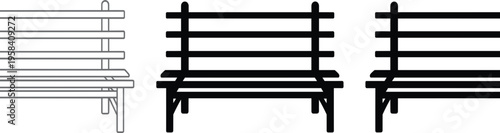 Wooden park bench vector icon set including outline, black silhouette, and solid simple flat designs