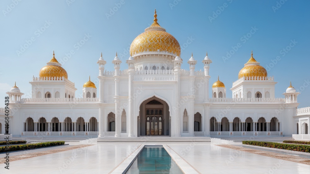Fototapeta premium A majestic white palace with golden domes and arched windows, set against a clear blue sky, reflected in a serene pool.
