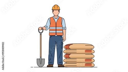 Construction Worker: An illustration showing a construction worker standing confidently with shovel next to a stack of cement bags, ready for work on construction site. 