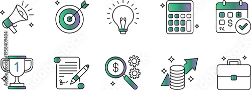 Business Icon Set: A vibrant collection of business icons that encapsulates essential elements for success: a megaphone, a bullseye, a lightbulb, a calculator, a calendar, a trophy, a document.