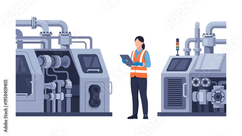 Industry Insight: An engineer in safety gear meticulously monitors industrial machinery with a digital tablet, reflecting precision, efficiency, and technological integration.