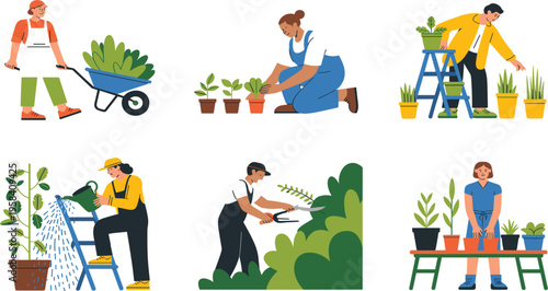 Flat vector illustration of diverse people gardening, planting seedlings, watering plants, and trimming backyard bushes