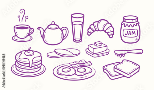 Various breakfast food and drinks set outline on cream background