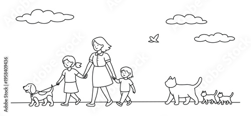 Family's delightful day: A mother and her children stroll happily with their dog, while a cat with kittens walk gracefully under a cloudy sky. A simple sketch of the lovely outing.