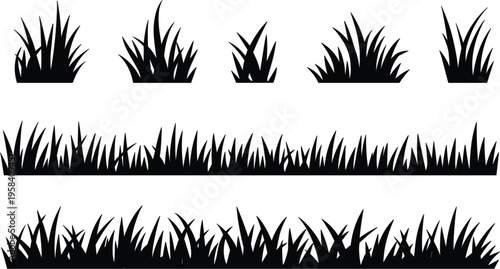 Black grass silhouette vector collection featuring various lawn tufts, meadow borders, and field plant edge elements