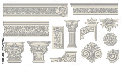 Classical architectural elements and decorative ornaments for antique design and elegant building decoration