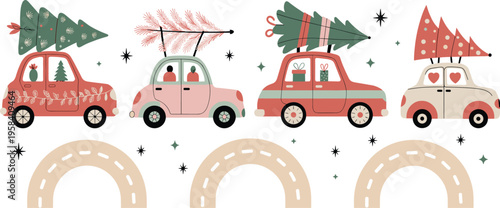 Festive Caravan: A charming illustration depicts four vintage cars adorned with Christmas trees, embarking on a joyful holiday adventure, filled with seasonal cheer and warm anticipation.
