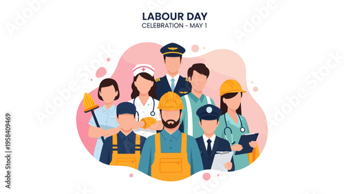 Labour Day Salute: A vibrant graphic that honors the hard work of essential workers from diverse backgrounds, each representing various crucial professions that drive society.